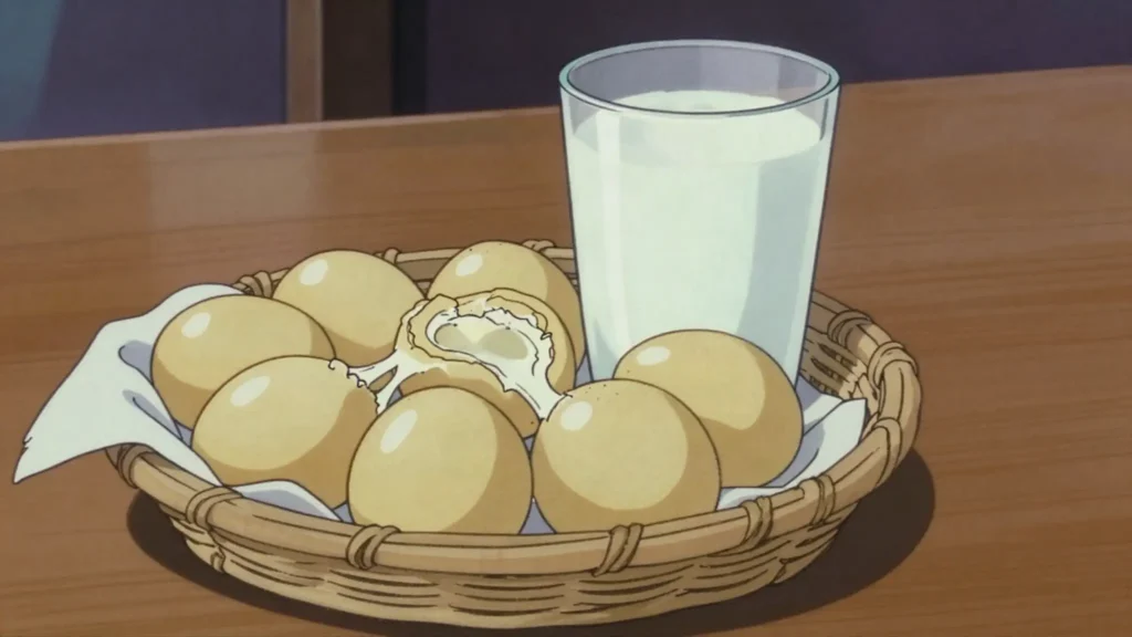 Pan de yuca, chewy cassava-starch and cheese roll eaten hot with a yogurt drink, Ecuador bread & pastry, anime style