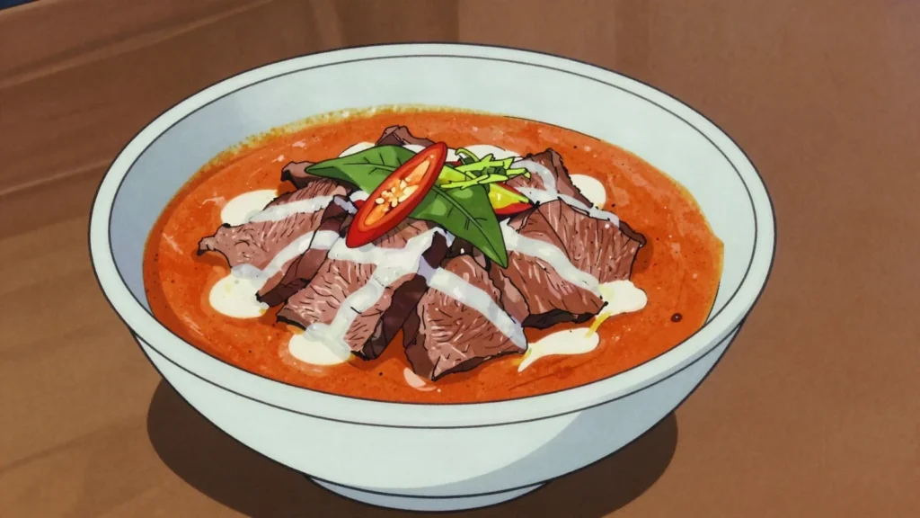 Panang Curry, thick, nutty red curry with kaffir lime, less soupy than others, Thailand main, anime style