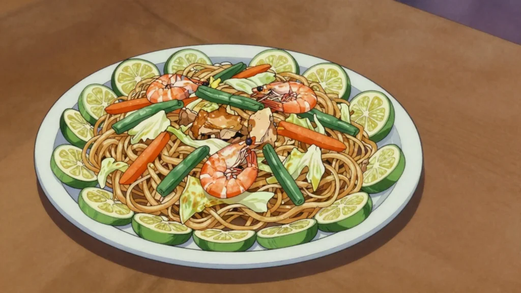 Pancit, stir-fried noodles for birthdays, symbolizing long life, Philippines main, anime style