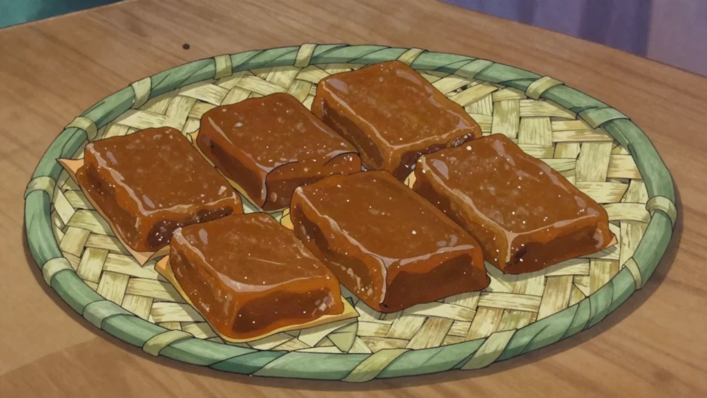 Pandanus Paste, boiled pandanus fruit pulp dried into sweet chewy blocks, Nauru snack, anime style