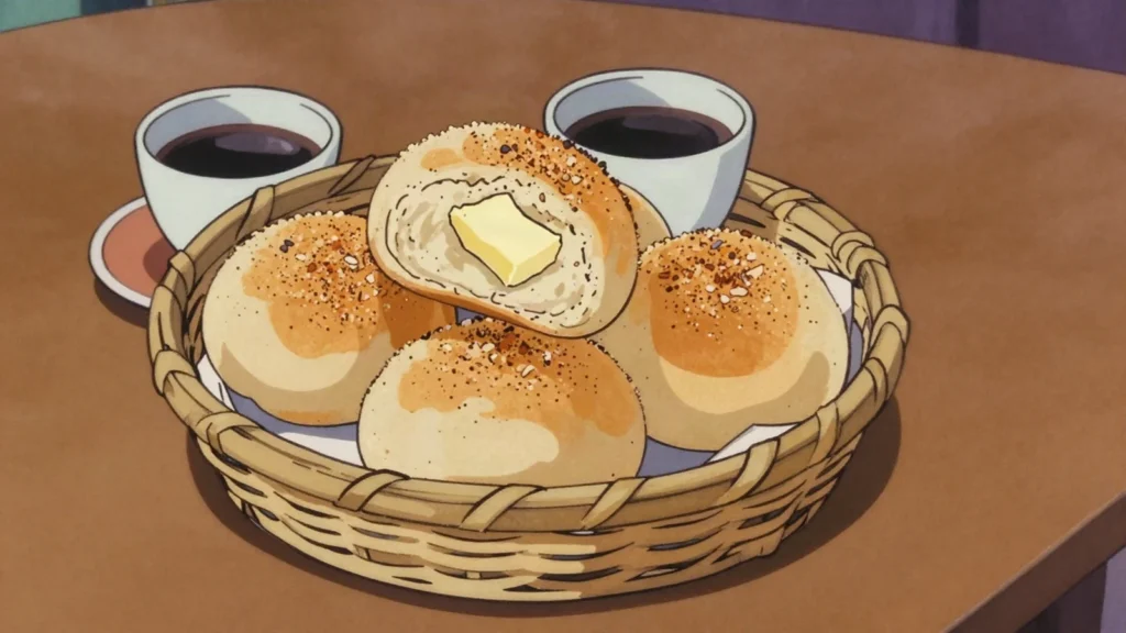 Pandesal, soft slightly sweet bread rolls coated in breadcrumbs, bought hot at dawn, Philippines bread & pastry, anime style
