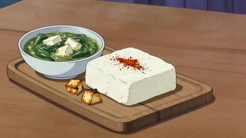 Paneer, fresh unaged cheese set by curdling milk with acid, cubed into curries or grilled, India cheese & dairy, anime style