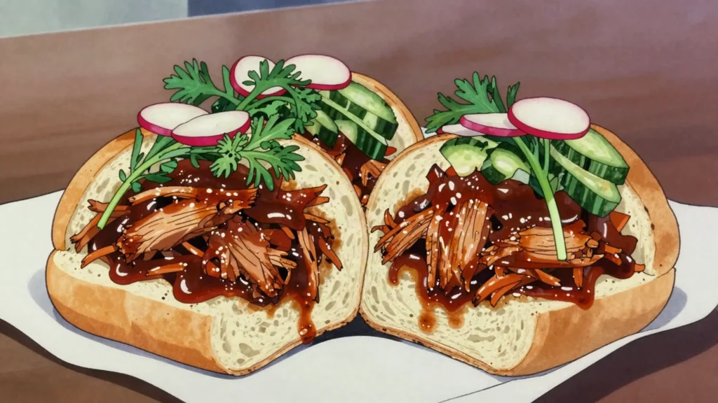 Panes con pollo, chicken sandwich soaked in tomato sauce with watercress, El Salvador street food, anime style