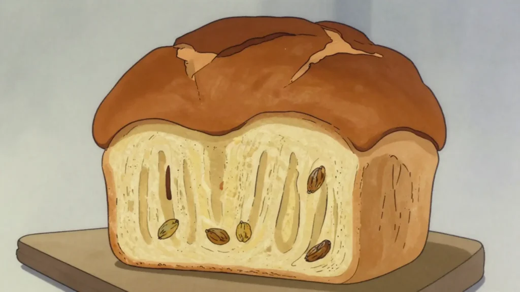 Panettone, tall candied-fruit Christmas bread from Milan, Italy bread & pastry, anime style