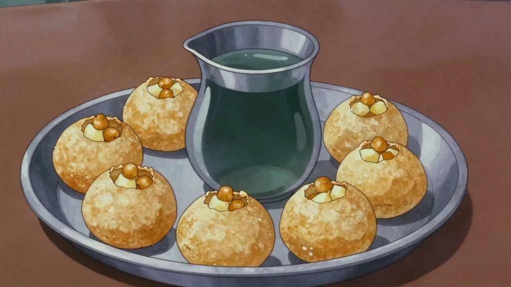 Pani Puri, crisp hollow puris filled with spiced tangy water and potato, India street food, anime style