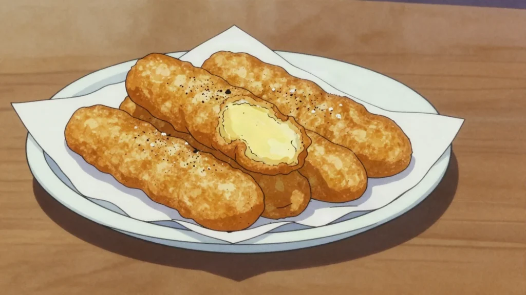Panisse, chickpea-flour cakes cut into batons and fried crisp, salted hot, Monaco street food, anime style