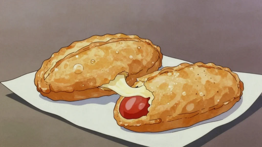 Panzerotto, half-moon of pizza dough stuffed with tomato and mozzarella, deep fried, Italy street food, anime style