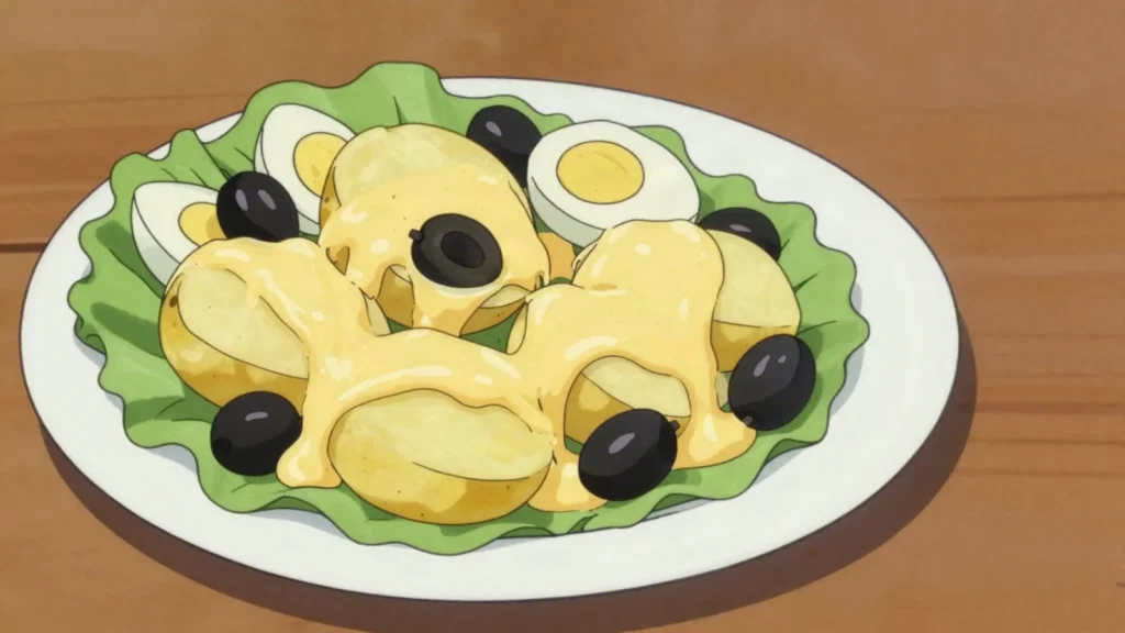 Papa a la huancaína, boiled potatoes under creamy ají amarillo and cheese sauce, Peru salad & side, anime style