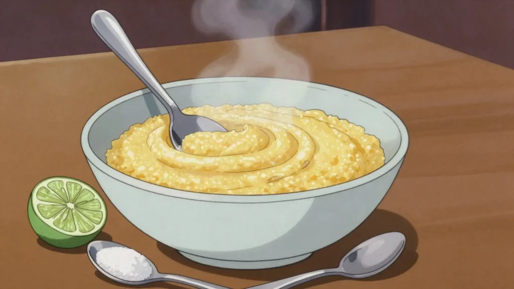 Papa de milho, maize or millet porridge sweetened and sharpened with lime, Guinea-Bissau breakfast, anime style