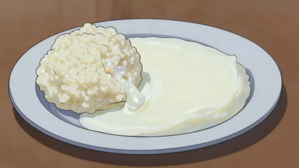 Papa le mafi, stiff maize porridge eaten with thick soured milk, Lesotho main, anime style