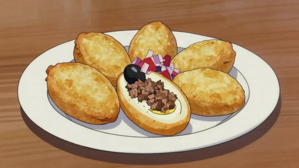 Papa rellena, mashed potato shell stuffed with beef, olives and egg, then fried, Peru street food, anime style