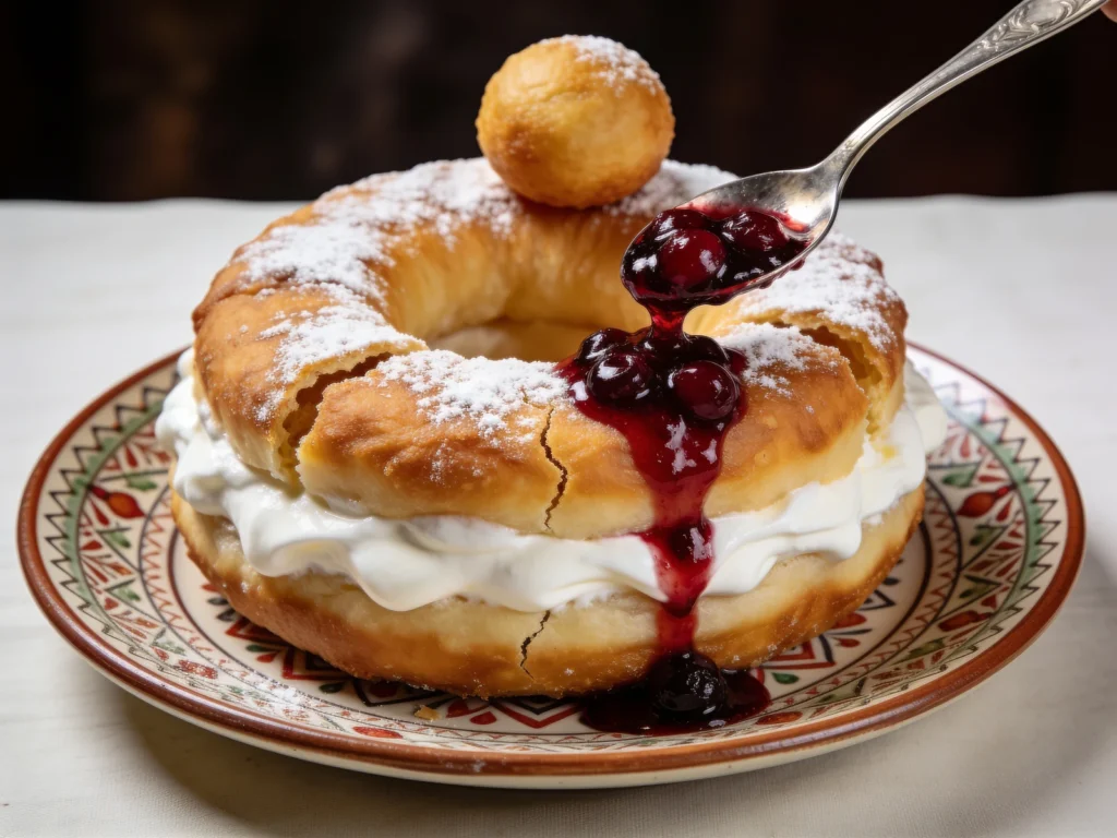 Papanași, fried curd-cheese doughnuts with sour cream, sour-cherry jam, Romania dessert, anime style