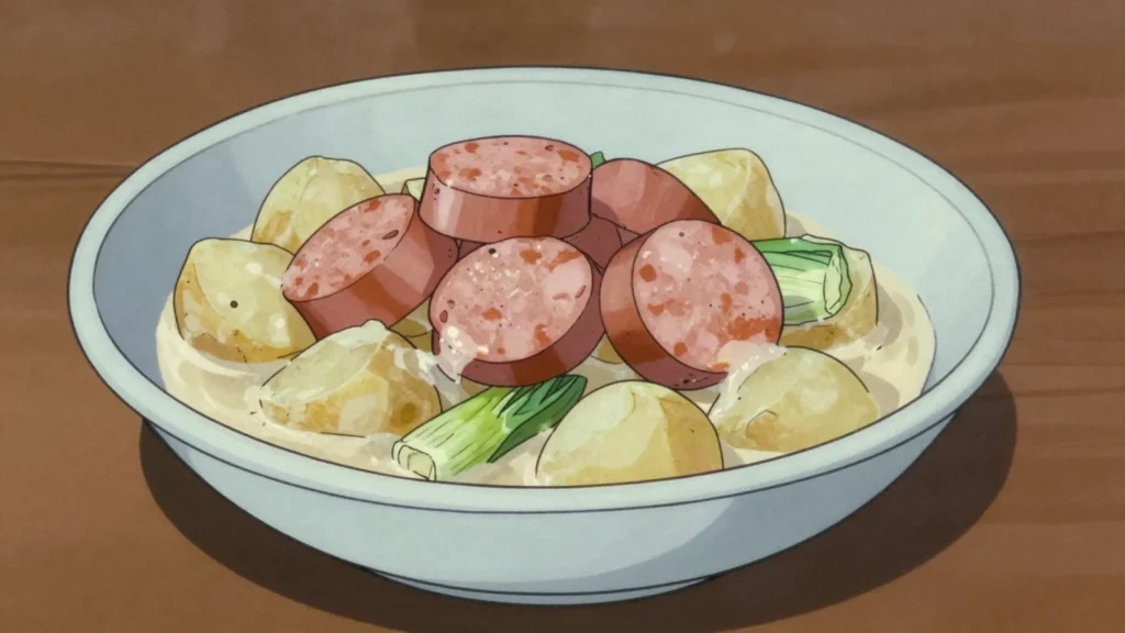 Papet vaudois, leeks and potatoes stewed in cream under a cabbage sausage, Switzerland main, anime style