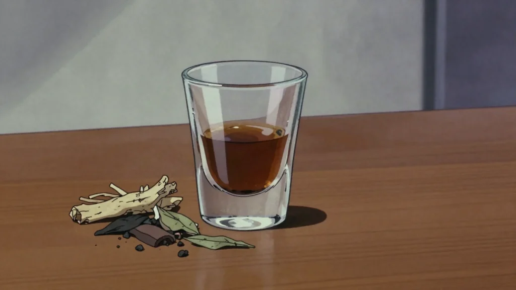 Paraga, roadside shots of local gin infused with roots, bark and bitter herbs, Nigeria wine & spirit, anime style