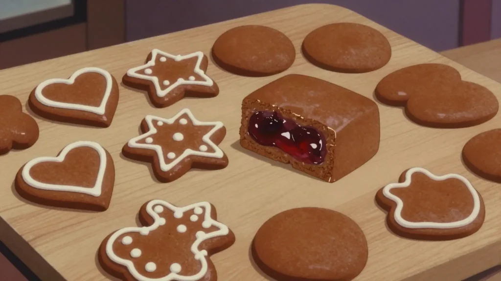 Pardubický perník, dark honey gingerbread from Pardubice, decorated or filled with jam, Czechia snack, anime style