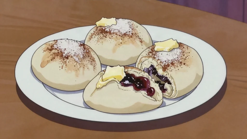 Parené buchty, steamed jam-filled yeast buns with cocoa and butter, Slovakia dessert, anime style