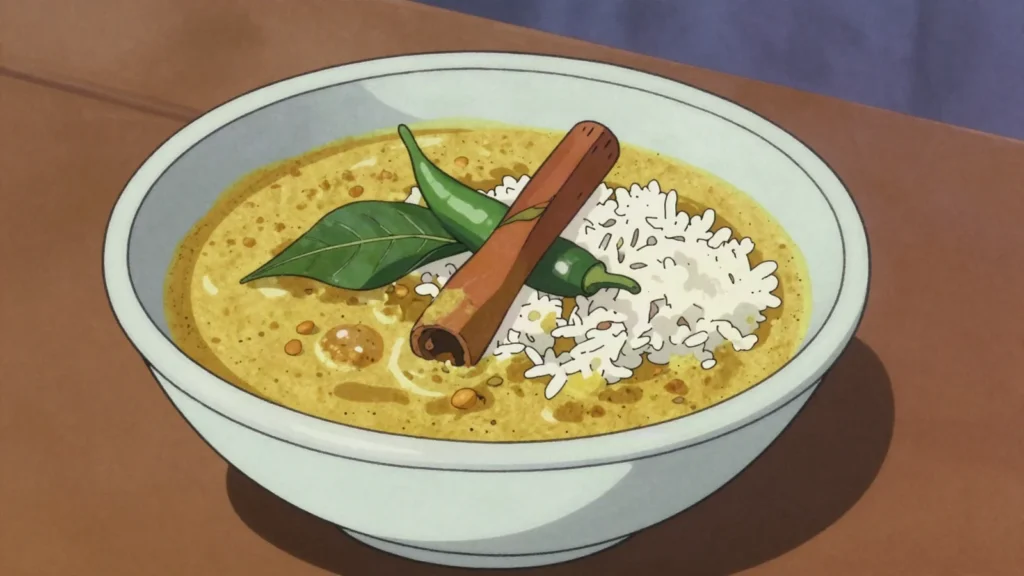 Parippu, creamy coconut-milk red lentil curry, the everyday companion, Sri Lanka salad & side, anime style