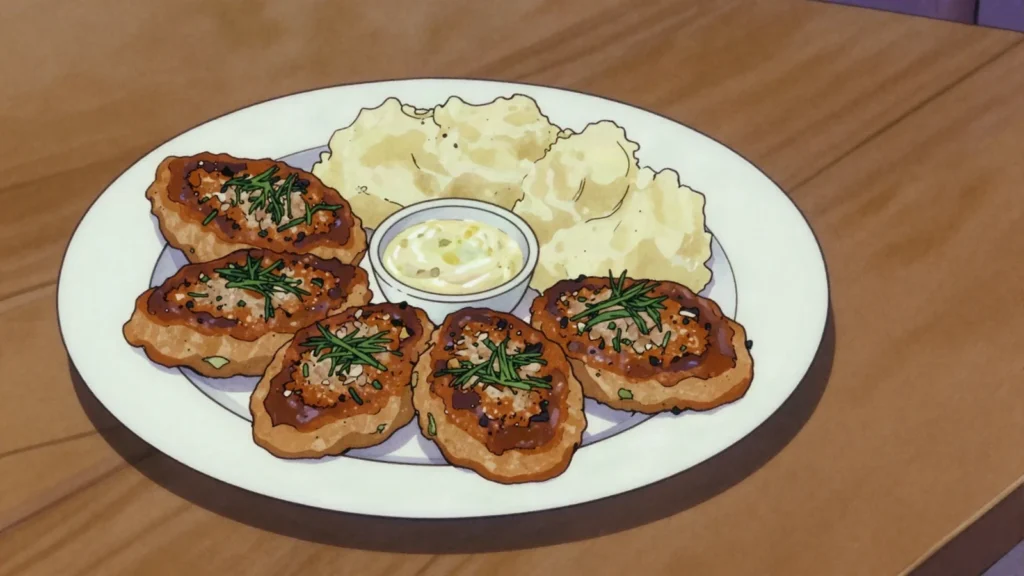 Pârjoale, flattened, herbed minced-meat patties fried until dark, Moldova main, anime style