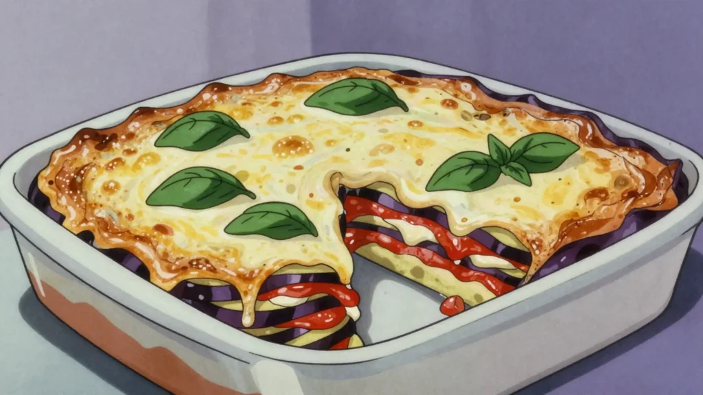 Parmigiana di melanzane, fried eggplant baked with tomato, mozzarella, basil, Italy main, anime style