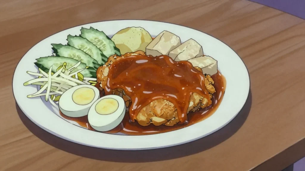 Pasembur, shredded turnip, prawn fritters, egg and tofu drenched in sweet nutty sauce, Malaysia salad & side, anime style