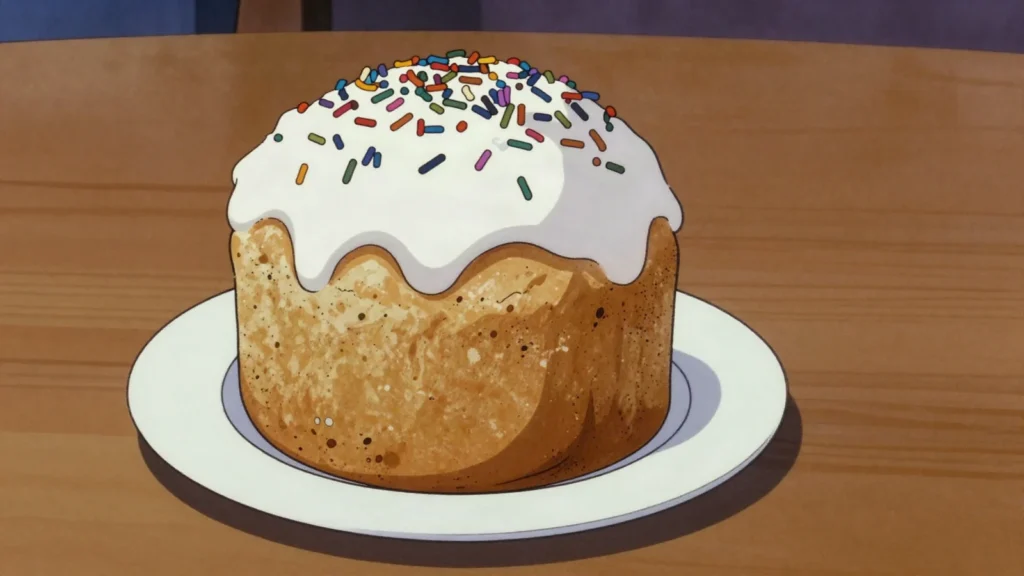 Paska, tall glazed Easter bread blessed in baskets, Ukraine bread & pastry, anime style