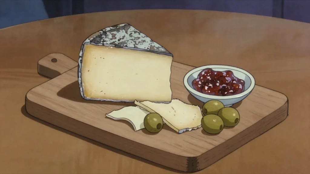Paški sir, piquant sheep cheese from salty Pag island pastures, Croatia cheese & dairy, anime style