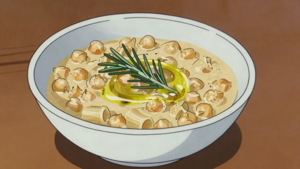 Pasta e ceci, thick chickpea soup with short pasta, rosemary and olive oil, San Marino soup & stew, anime style
