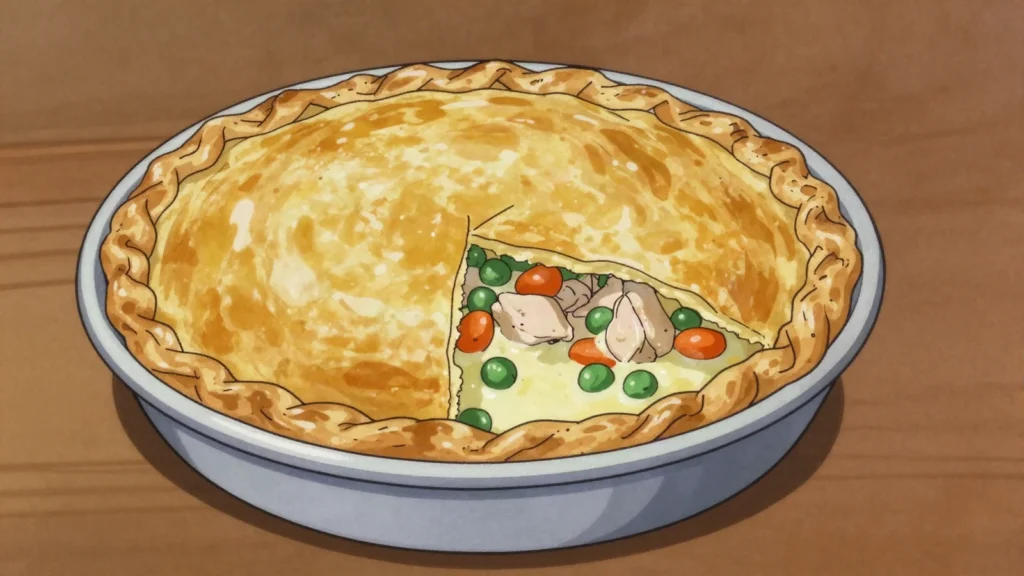Pastei, creole pot pie of chicken, peas and carrots in flaky crust, Suriname bread & pastry, anime style