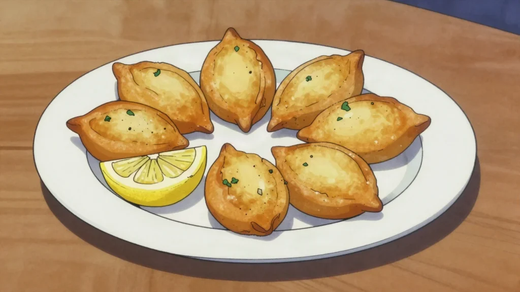 Pastéis de bacalhau, fried salt-cod and potato fritters, Portugal snack, anime style