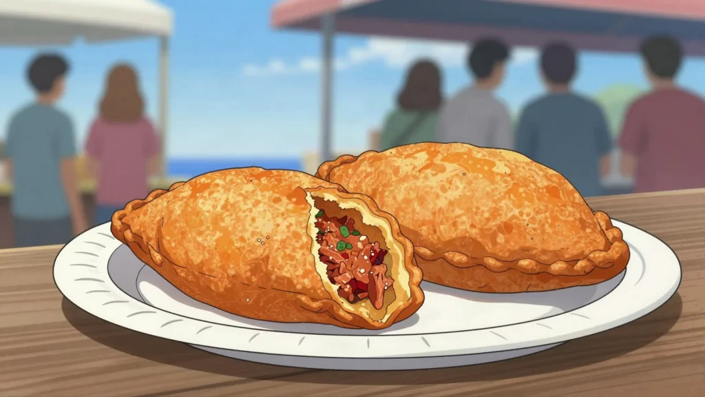 Pastel com diabo dentro, pastry with the devil inside: fried turnover of spicy tuna, Cape Verde street food, anime style