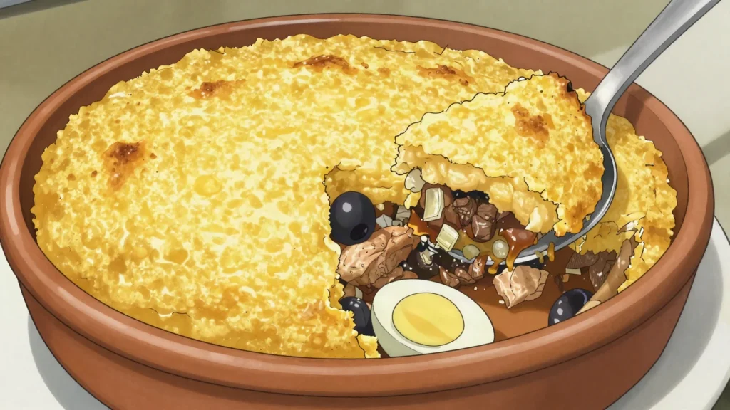 Pastel de choclo, sweet corn crust baked over beef pino and chicken in clay dish, Chile main, anime style