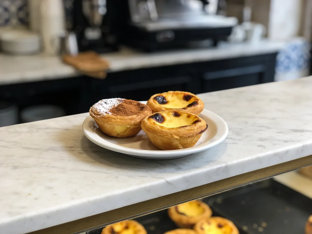 Pastel de nata, caramelized custard tart with cinnamon, best warm from Belém, Portugal bread & pastry, anime style