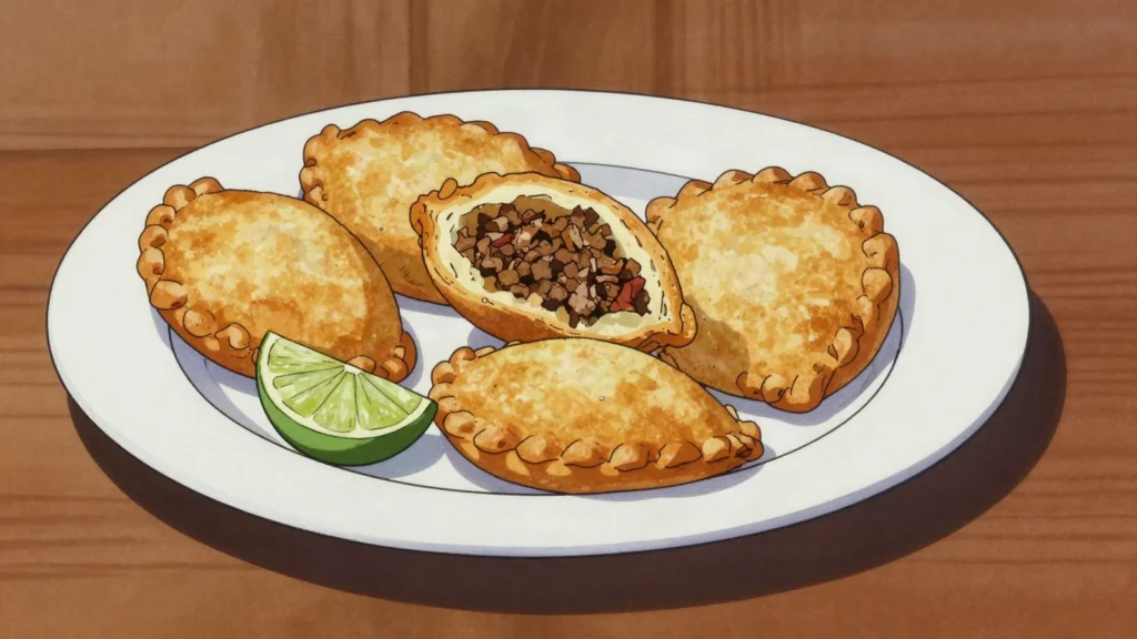 Pastel mandi'o, fried cassava-dough empanada filled with beef so'o, Paraguay street food, anime style