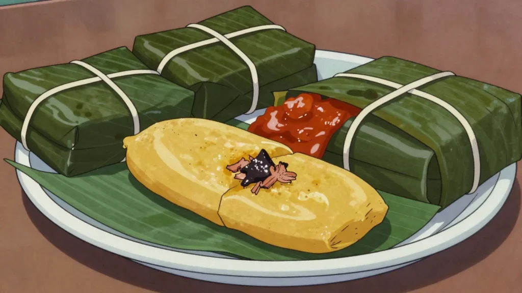 Pasteles en hoja, parcels of green plantain and taro dough with pork, boiled in leaves, Dominican Republic main, anime style
