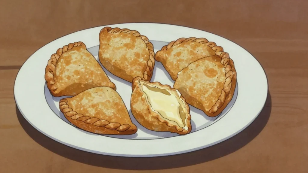 Pastelito andino, fried half-moon of wheat dough filled with cheese, meat or beans, Venezuela street food, anime style