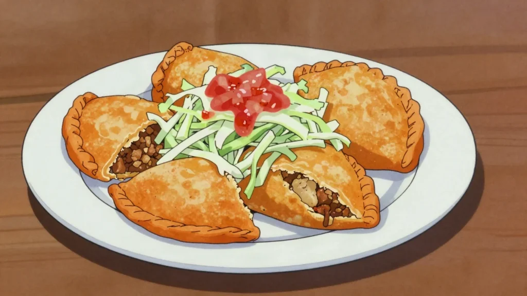 Pastelitos, fried masa turnovers filled with meat and vegetables, topped with curtido, El Salvador snack, anime style