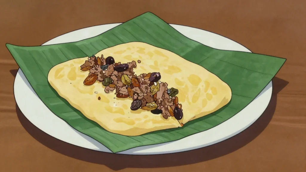 Pastelle, seasoned meat in cornmeal dough, steamed in a folded banana leaf, Trinidad and Tobago main, anime style