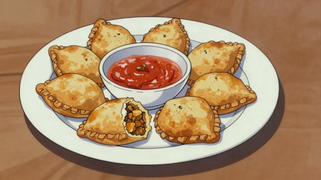 Pastels, fried pastry parcels stuffed with spiced fish, dipped in tomato and chilli sauce, Senegal street food, anime style
