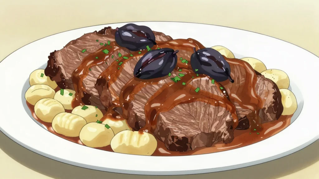 Pašticada, dalmatian beef braised with prošek and prunes, served with gnocchi, Croatia main, anime style