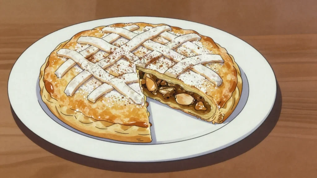 Pastilla, flaky warqa pie of pigeon or chicken, almonds, cinnamon and powdered sugar, Morocco main, anime style