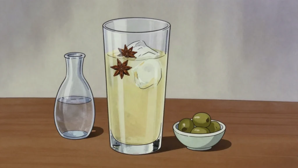 Pastis, anise spirit poured over ice and clouded with cold water, France wine & spirit, anime style