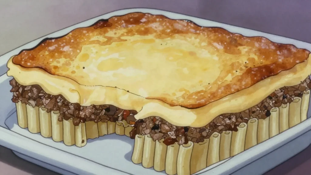 Pastitsio, baked pasta with cinnamon-scented meat sauce, béchamel, Greece main, anime style
