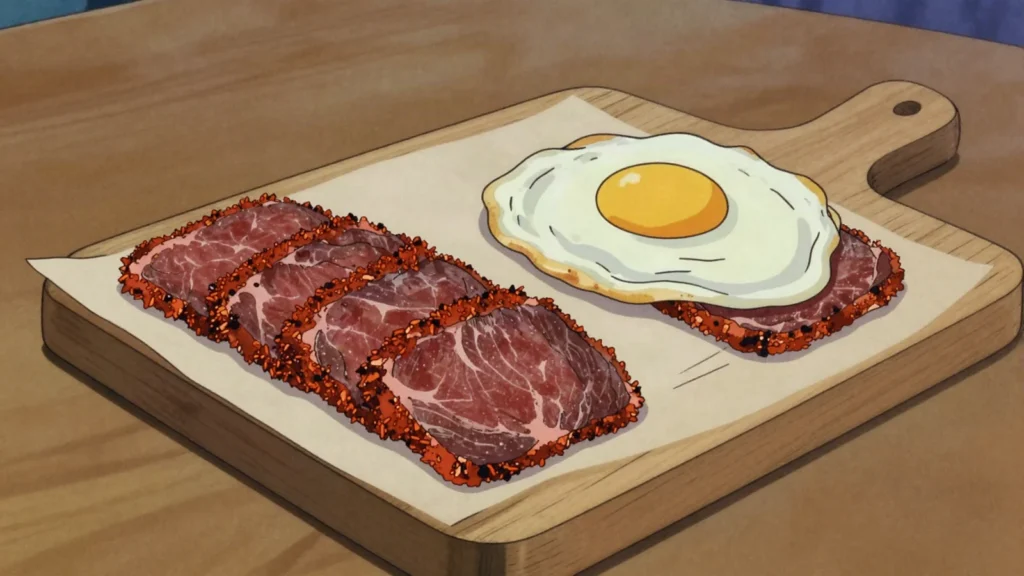 Pastourmas, air-dried beef coated in fenugreek paste, sliced very thin, Greece charcuterie & cured, anime style