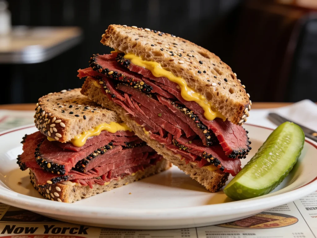 Pastrami, brined, spice-crusted, smoked beef navel steamed and piled on rye, United States charcuterie & cured, anime style