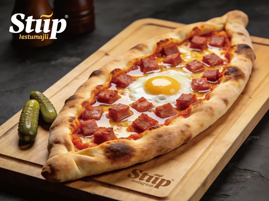 Pastrmajlija, oval bread pie topped with cubed pork, sometimes egg, North Macedonia main, anime style
