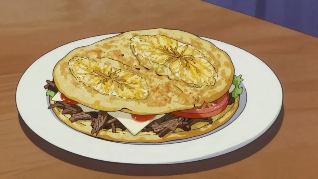 Patacón zuliano, sandwich using two fried green plantain discs in place of bread, Venezuela street food, anime style