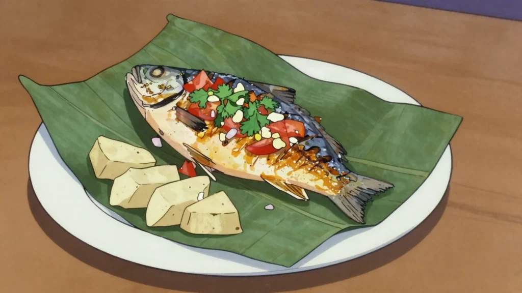 Patarashca, river fish seasoned with sacha culantro and grilled in bijao leaves, Peru main, anime style