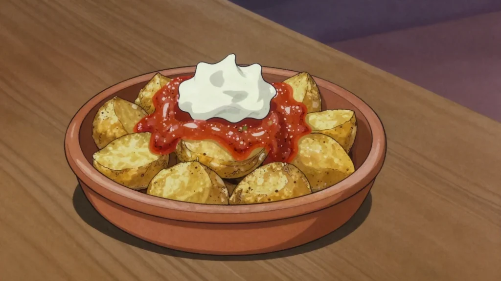 Patatas bravas, crisp fried potatoes with spicy tomato sauce, aioli, Spain snack, anime style