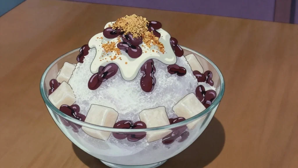 Patbingsu, shaved ice heaped with sweet red beans, rice cakes and condensed milk, South Korea dessert, anime style