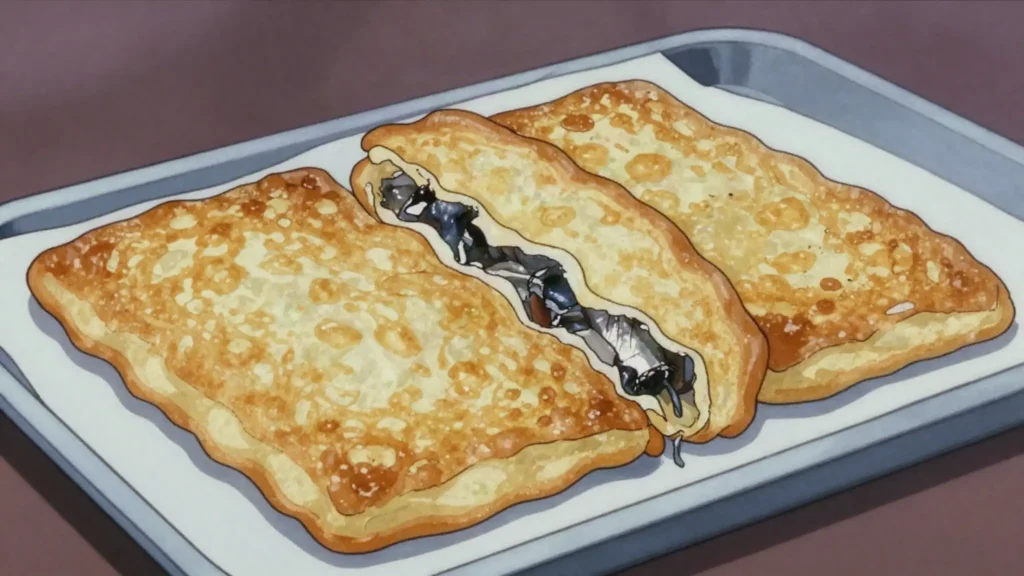 Pate kòde, flaky fried pastry stuffed with smoked herring, chicken or beef, Haiti street food, anime style